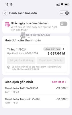 Tới đầu tháng, ví trả sau sẽ hiển thị số tháng có thể chuyển đổi trả góp